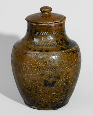 Unusual Manganese-Decorated Redware Jar w/ Lid, probably North Carolina, 19th century