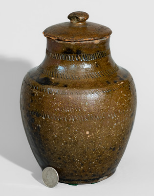 Unusual Manganese-Decorated Redware Jar w/ Lid, probably North Carolina, 19th century