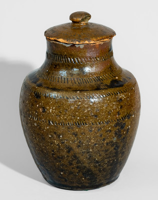 Unusual Manganese-Decorated Redware Jar w/ Lid, probably North Carolina, 19th century