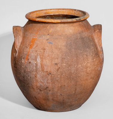 Extremely Rare NC Handled Redware Jar, possibly J.C. Cox, Randolph County, late 18th century