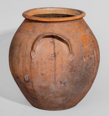 Extremely Rare NC Handled Redware Jar, possibly J.C. Cox, Randolph County, late 18th century