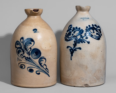 Two Cobalt-Decorated ALBANY NY Stoneware Syrup Jugs, probably O'Connell Pottery