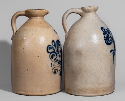 Two Cobalt-Decorated ALBANY NY Stoneware Syrup Jugs, probably O'Connell Pottery