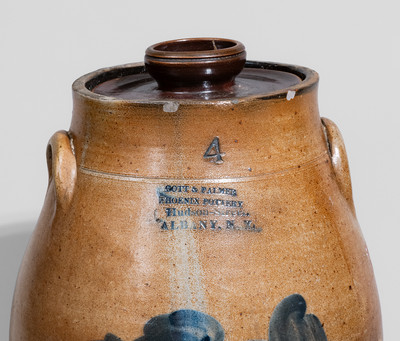 Four-Gallon GOTT & PALMER / PHOENIX POTTERY / Hudson-Street / ALBANY, N.Y. Stoneware Churn