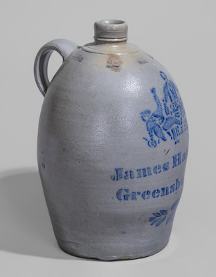 Very Rare "James Hamilton & Co / Greensboro, Pa." Stoneware Jug w/ Stenciled Cobalt Tavern Scene