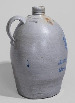 Very Rare "James Hamilton & Co / Greensboro, Pa." Stoneware Jug w/ Stenciled Cobalt Tavern Scene