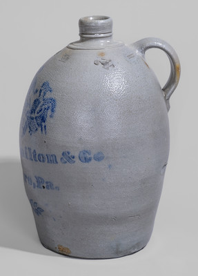Very Rare "James Hamilton & Co / Greensboro, Pa." Stoneware Jug w/ Stenciled Cobalt Tavern Scene