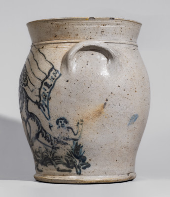 Exceptional Patriotic Stoneware Jar Bearing an Elaborate Decoration of a Man Carrying an American Flag