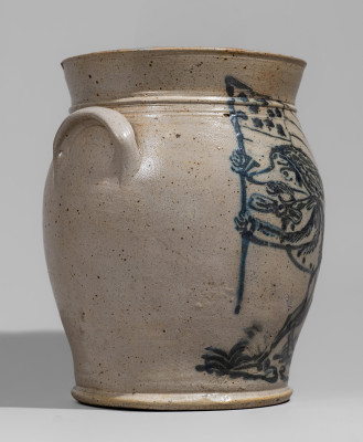 Exceptional Patriotic Stoneware Jar Bearing an Elaborate Decoration of a Man Carrying an American Flag