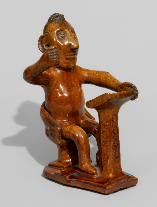 Ornate Redware Figure of a Schoolmaster probably Fare Pottery, Berks County, PA