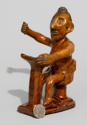 Ornate Redware Figure of a Schoolmaster probably Fare Pottery, Berks County, PA