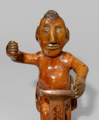 Extremely Rare Redware Figure of a Schoolmaster, attrib. Henry Fare Pottery, Tulpehocken Twp, Berks County, PA