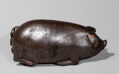 Anna Pottery Albany-Slip-Glazed Stoneware Pig Flask with Incised Railroad Map.