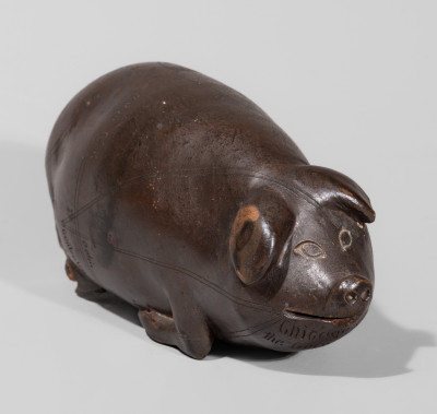 Anna Pottery Albany-Slip-Glazed Stoneware Pig Flask with Incised Railroad Map.