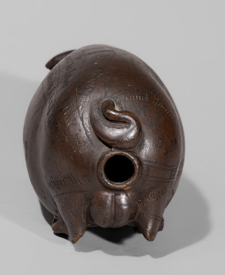Albany-Slip-Glazed Stoneware Railroad and River Guide Pig Flask, Signed "Anna Pottery"