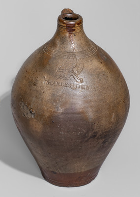 CHARLESTOWN, Mass. Iron-Decorated Stoneware Jug w/ Impressed Eagle-on-Cannon Motif, c1815