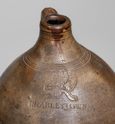CHARLESTOWN, Mass. Iron-Decorated Stoneware Jug w/ Impressed Eagle-on-Cannon Motif, c1815