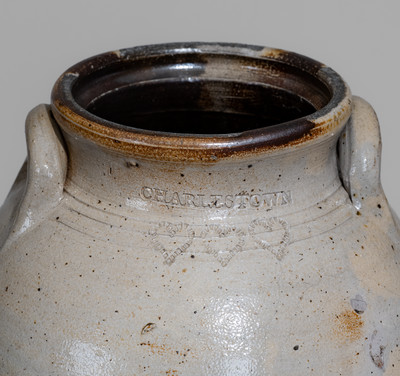 Three-Gallon CHARLESTOWN, Mass. Stoneware Jar w/ Impressed Hearts Decoration, c1815