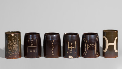 Six Stoneware Collegiate Mugs, Harvard College and Yale University, c1890s
