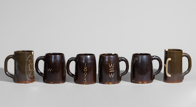 Six Stoneware Collegiate Mugs, Harvard College and Yale University, c1890s