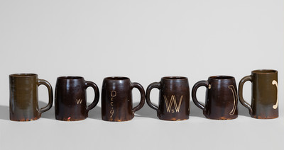Six Stoneware Collegiate Mugs, Harvard College and Yale University, c1890s