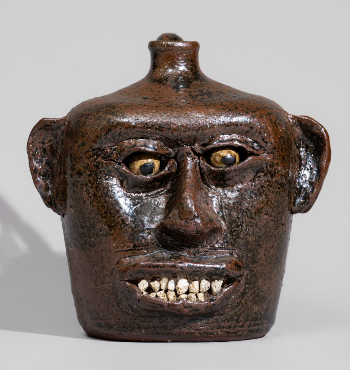 Rare Alkaline-Glazed Stoneware Face Jug with Rock Teeth, Signed 