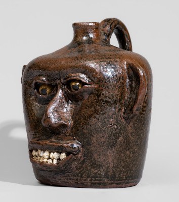 Rare Alkaline-Glazed Stoneware Face Jug with Rock Teeth, Signed 