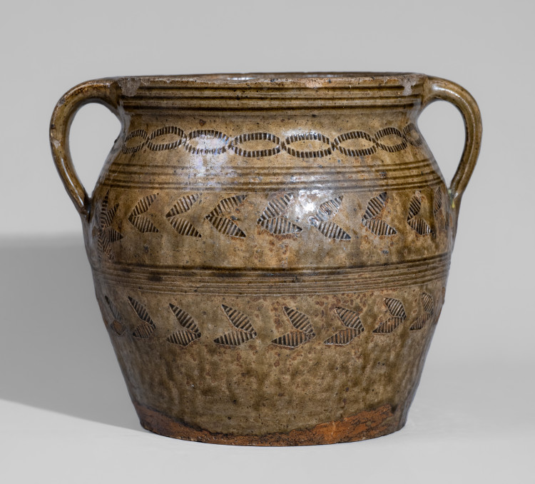 Exceptional Open-Handled Alabama Alkaline-Glazed Stoneware Jar w/ Impressed Decoration