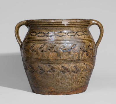 Exceptional Open-Handled Alabama Alkaline-Glazed Stoneware Jar w/ Impressed Decoration