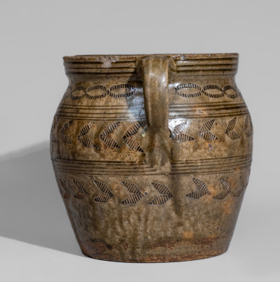 Exceptional Open-Handled Alabama Alkaline-Glazed Stoneware Jar w/ Impressed Decoration