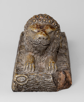 Rare "E.F. Lenhart," Beatrice, Nebraska Salt-Glazed Stoneware Lion Doorstop