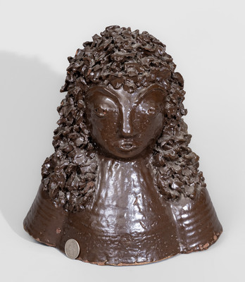 Rare Albany-Slip-Glazed Sewer Tile Bust of Louis XIV, Midwestern origin