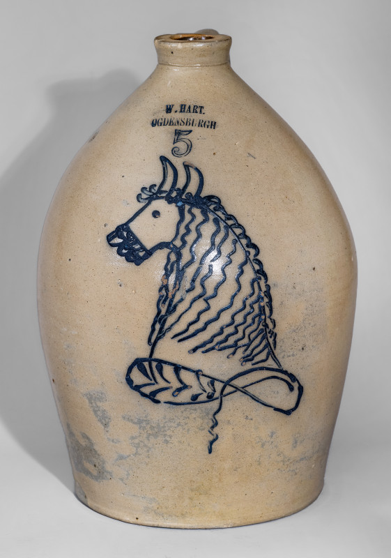 5 Gal. W. HART / OGDENSBURGH Stoneware Jug with Horse Head Decoration