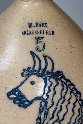 Outstanding W. HART / OGDENSBURGH, NY Five-Gallon Stoneware Jug w/ Cobalt Horse Head, c1858-69
