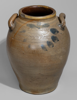 C. CROLIUS / MANUFACTURER / NEW-YORK Open-Handled Stoneware Jar w/ Incised Decoration