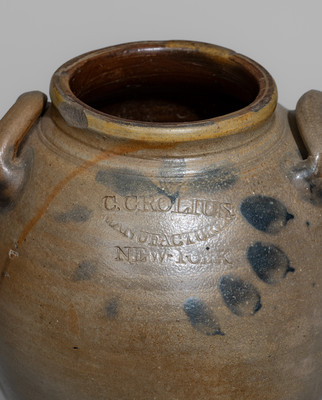 C. CROLIUS / MANUFACTURER / NEW-YORK Open-Handled Stoneware Jar w/ Incised Decoration