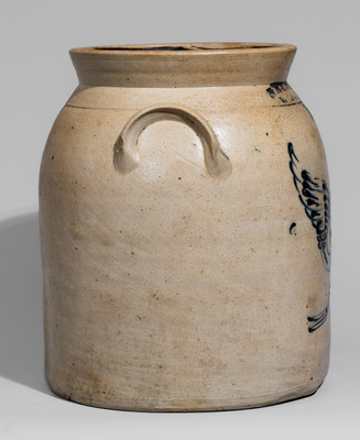 Fine WM E. WARNER / WEST TROY, New York Stoneware Jar w/ Cobalt Eagle and Banner Motif