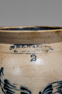 Fine WM E. WARNER / WEST TROY, New York Stoneware Jar w/ Cobalt Eagle and Banner Motif