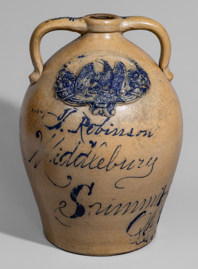 Exceptional J. Robinson / Middlebury / Summit Co., Ohio Open-Handled Stoneware Jug with Applied Eagle 