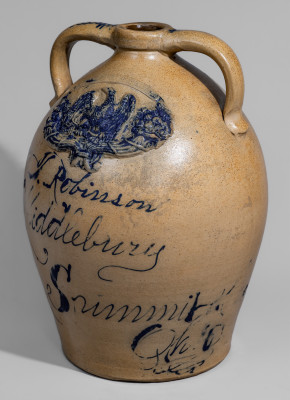 Exceptional J. Robinson / Middlebury / Summit Co., Ohio Open-Handled Stoneware Jug with Applied Eagle 