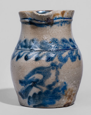 Very Rare Petite Stoneware Pitcher w/ Elaborate Cobalt Bird Decoration, Fort Edward, New York