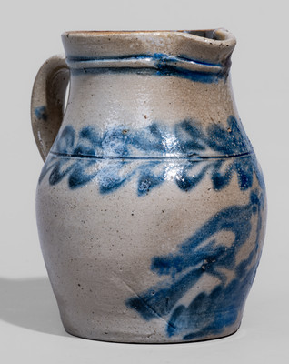 Very Rare Petite Stoneware Pitcher w/ Elaborate Cobalt Bird Decoration, Fort Edward, New York