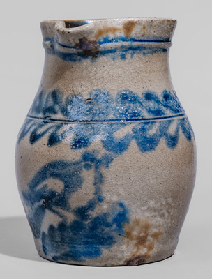 Very Rare Petite Stoneware Pitcher w/ Elaborate Cobalt Bird Decoration, Fort Edward, New York