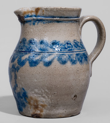 Very Rare Petite Stoneware Pitcher w/ Elaborate Cobalt Bird Decoration, Fort Edward, New York
