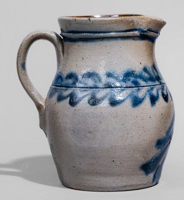 Very Rare Petite Stoneware Pitcher w/ Elaborate Cobalt Bird Decoration, Fort Edward, New York