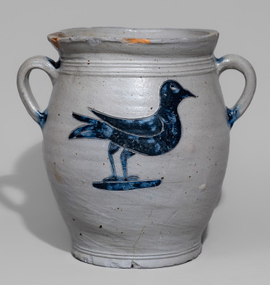 Extremely Rare Vertical-Handled Stoneware Jar with Two-Sided Incised Bird Decoration, Manhattan, NY origin, probably Crolius Family, late 18th century.