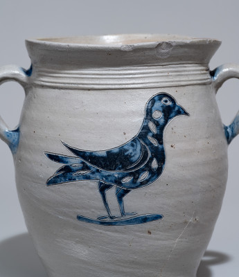 Extremely Rare Vertical-Handled Stoneware Jar with Two-Sided Incised Bird Decoration, Manhattan, NY origin, probably Crolius Family, late 18th century.