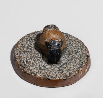 Glazed Anna Pottery Stoneware Dung Beetle Paperweight, Signed 
