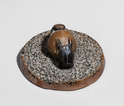 Glazed Anna Pottery Stoneware Dung Beetle Paperweight, Signed 