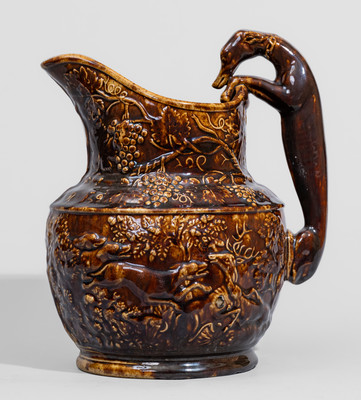 Rockingham-Glazed Hunt Scene Pitcher, probably NJ, mid 19th century